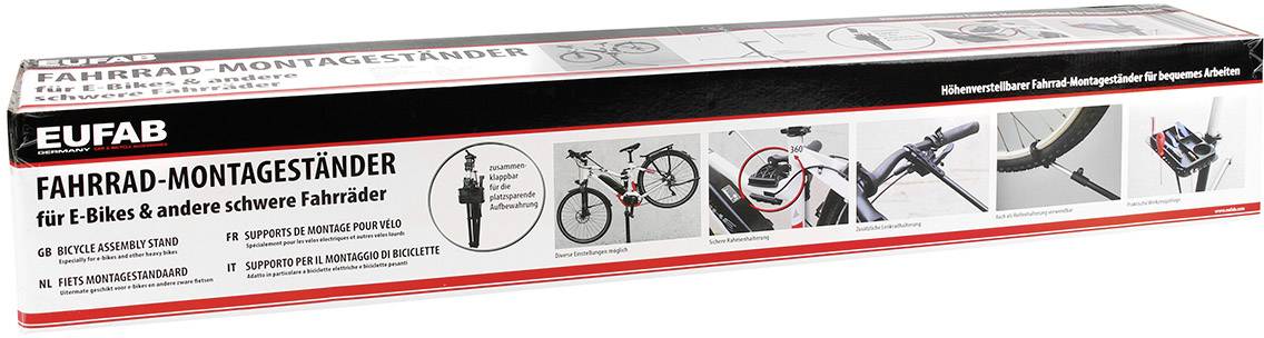 Verpackung eines Fahrrad-Montageständers. Zeigt Nutzungsszenarien für E-Bikes und normale Fahrräder mit Bildern und Anwendungsdetails.