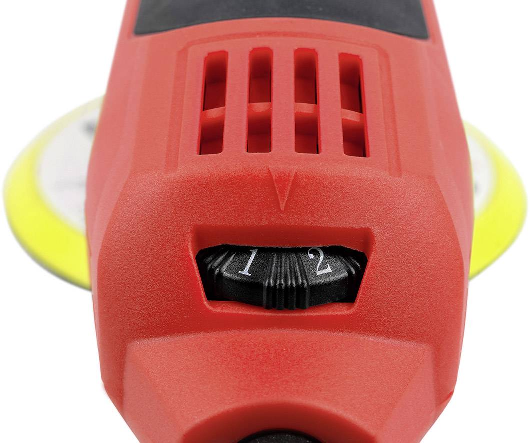 Eine rote Poliermaschine mit Geschwindigkeitsregler, eingestellt auf Stufe 1, gegen einen weißen Hintergrund.