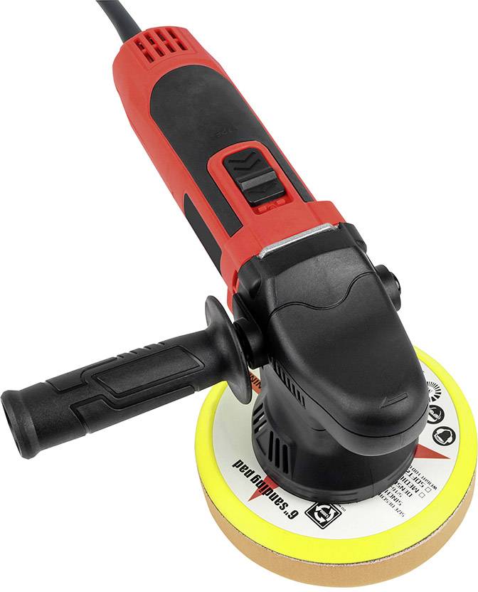 Ein rot-schwarzer elektrischer Winkelschleifer mit Schaumstoffscheibe und Griff an der Seite, geeignet für Polierarbeiten.