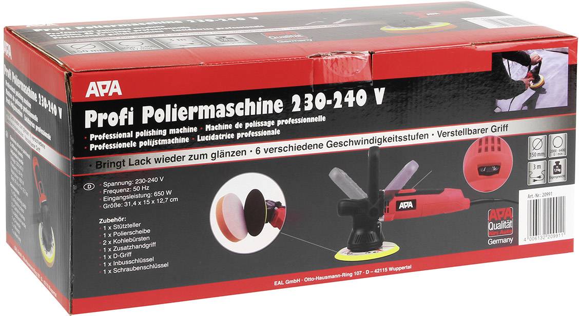 'Verpackung einer professionellen Poliermaschine, 230-240 V, mit Zubehör und 6 Geschwindigkeitsstufen. Bringt Lack zum Glänzen.'