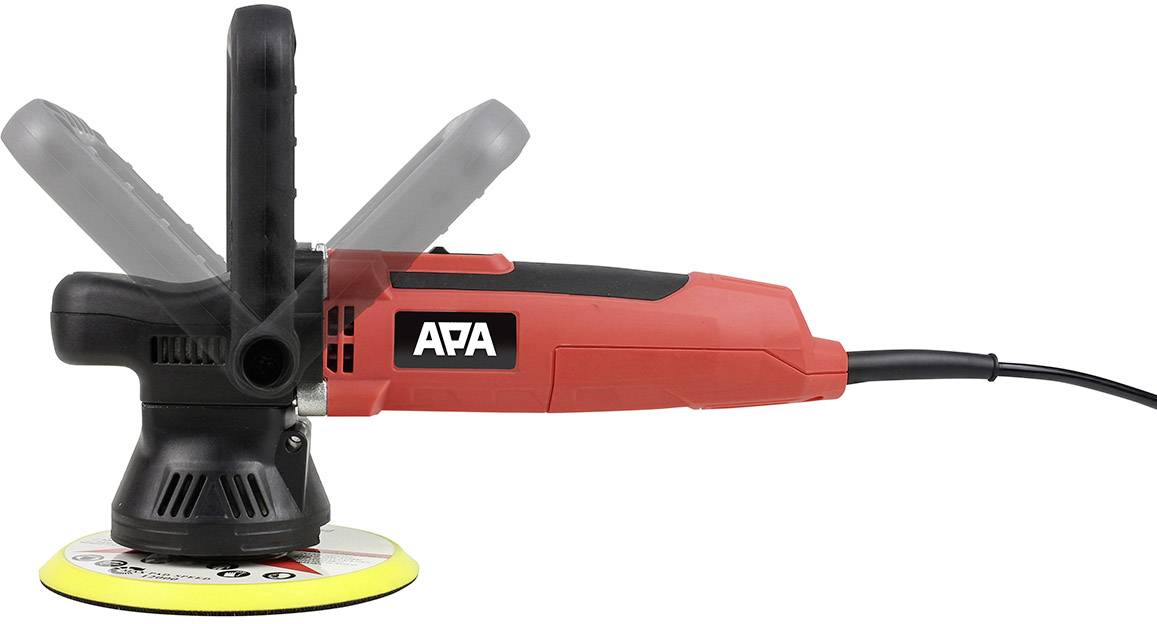 Eine rote und schwarze Poliermaschine, seitlich abgebildet; zeigt Handgriff in mehreren Winkeln. Markenname 'APA' auf der Seite.