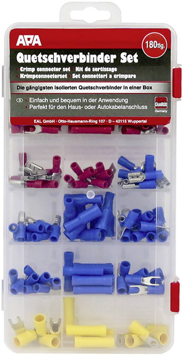 Quetschverbinder Set mit 180 Teilen in verschiedenen Farben. Verpackung zeigt Nutzungshinweise auf Deutsch, Englisch, Französisch, Italienisch.