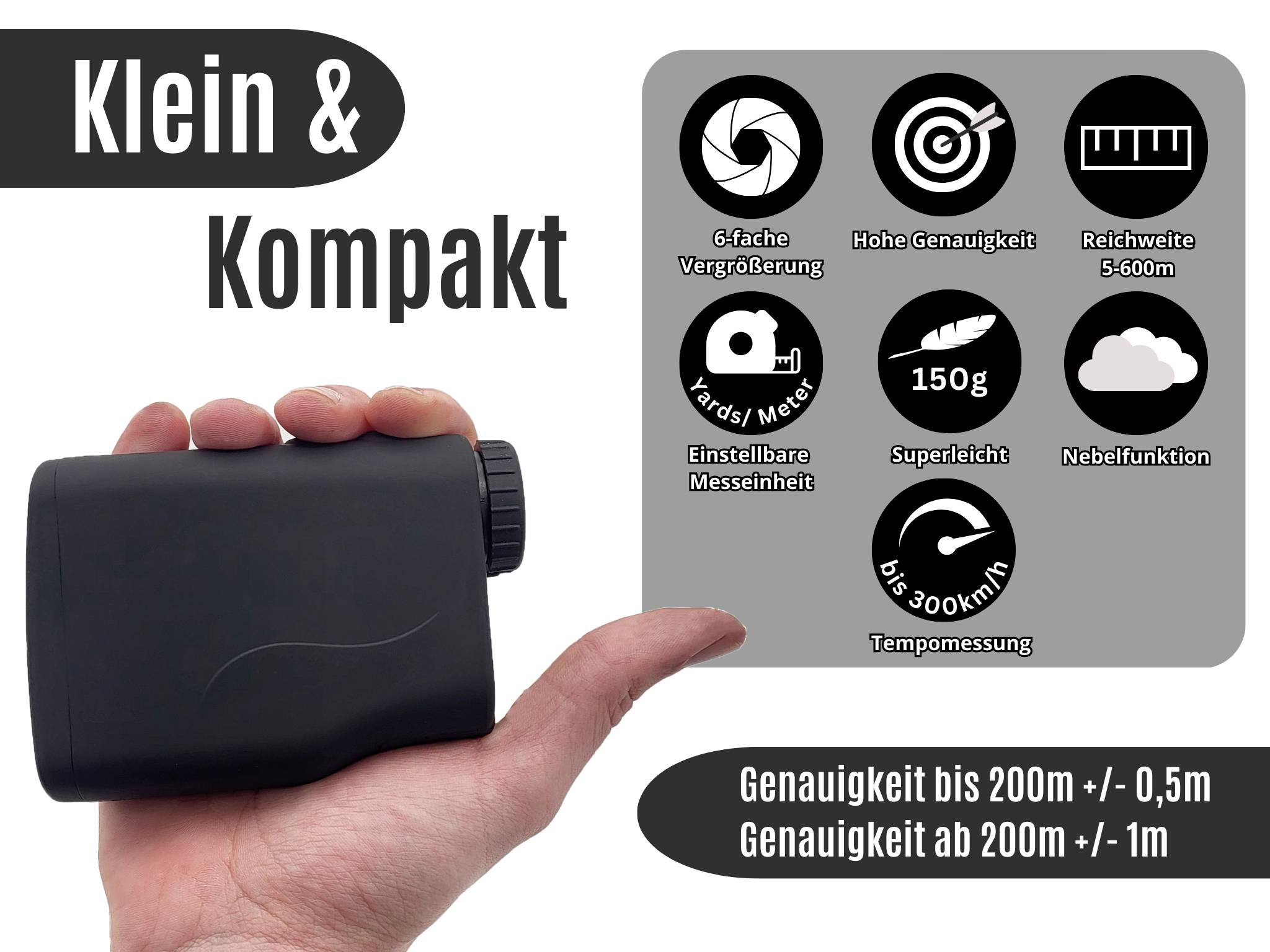 Eine schwarze Entfernungsmessergerät wird in einer Hand gehalten. Texte im Bild heben Funktionen wie 6-fache Vergrößerung und bis 300 km/h Messung hervor.