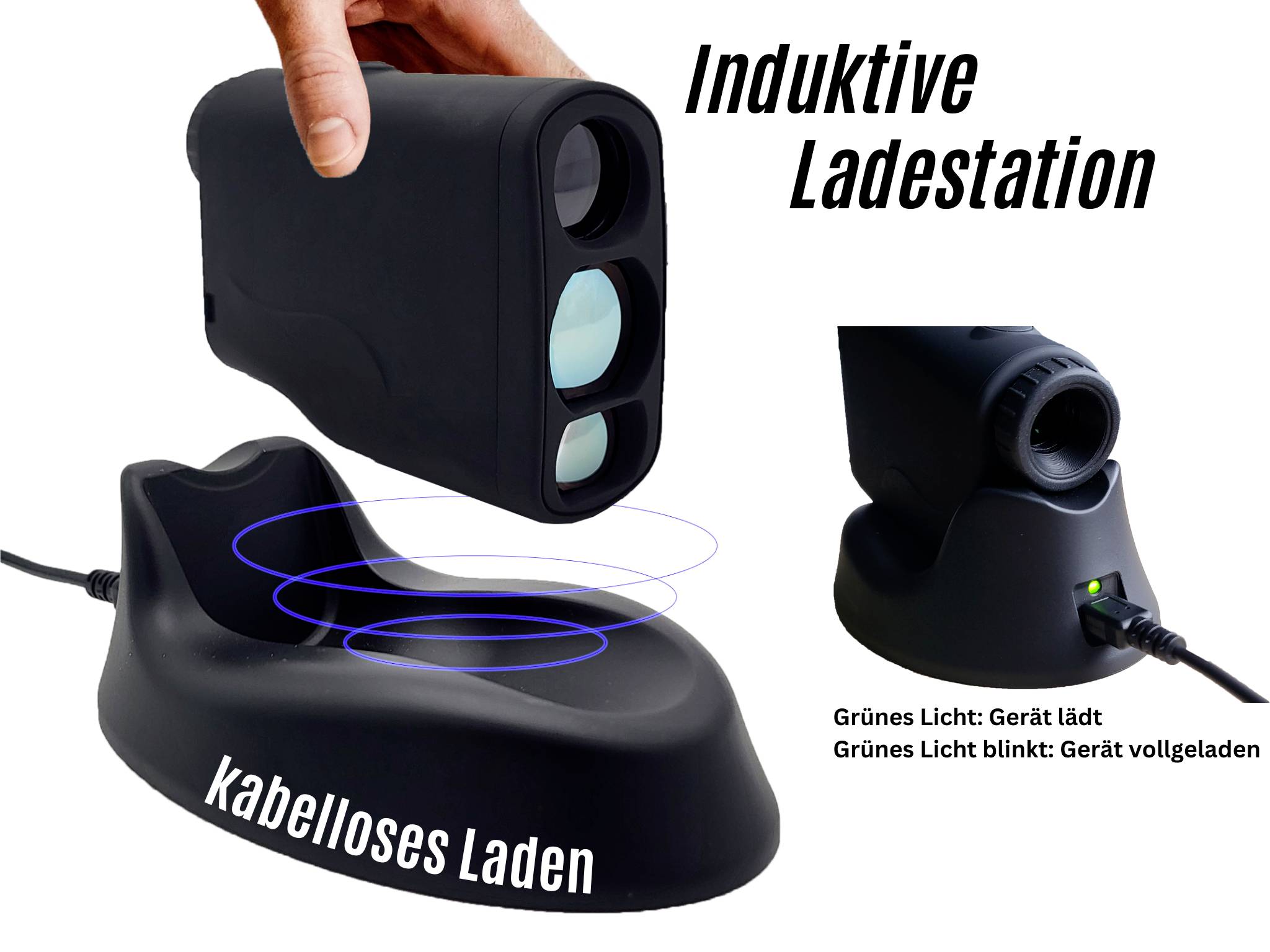 Schwarze Induktivladestation mit einem darauf platzierten Gerät. Blaue Linien deuten kabelloses Laden an. Grünes Licht zeigt Ladezustand.