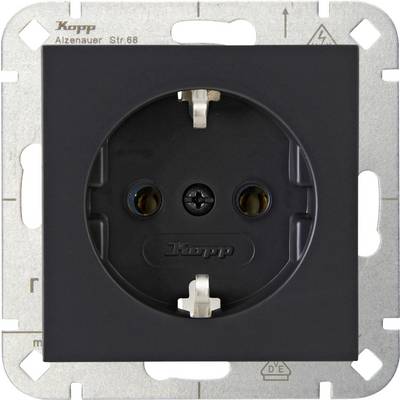 Schwarze Steckdose mit integrierter Kindersicherung und Metallrahmen, geeignet für standardmäßige europäische Elektroinstallationen.