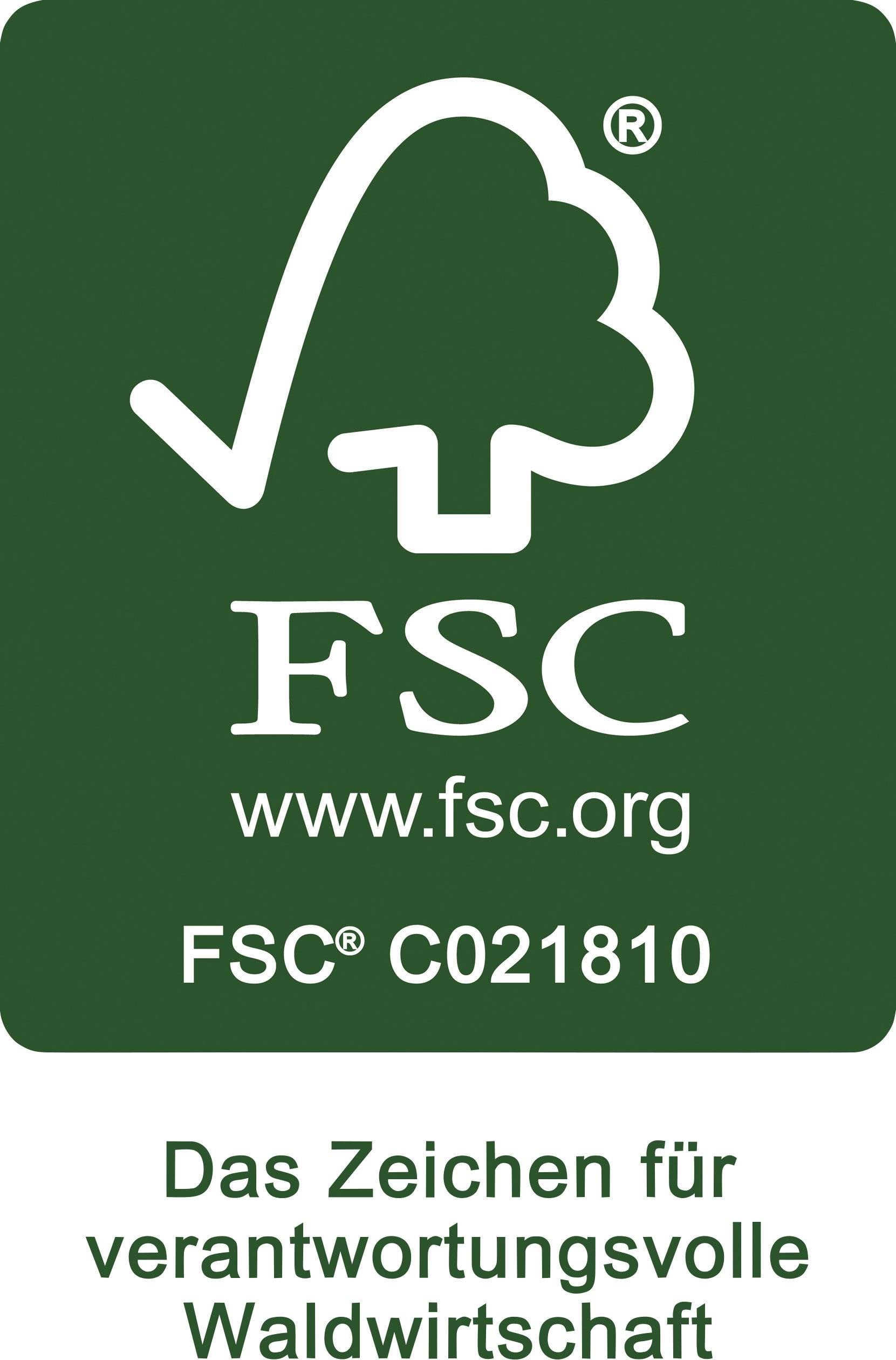 FSC-Logo mit Baum-Symbol und Text 'Das Zeichen für verantwortungsvolle Waldwirtschaft'.