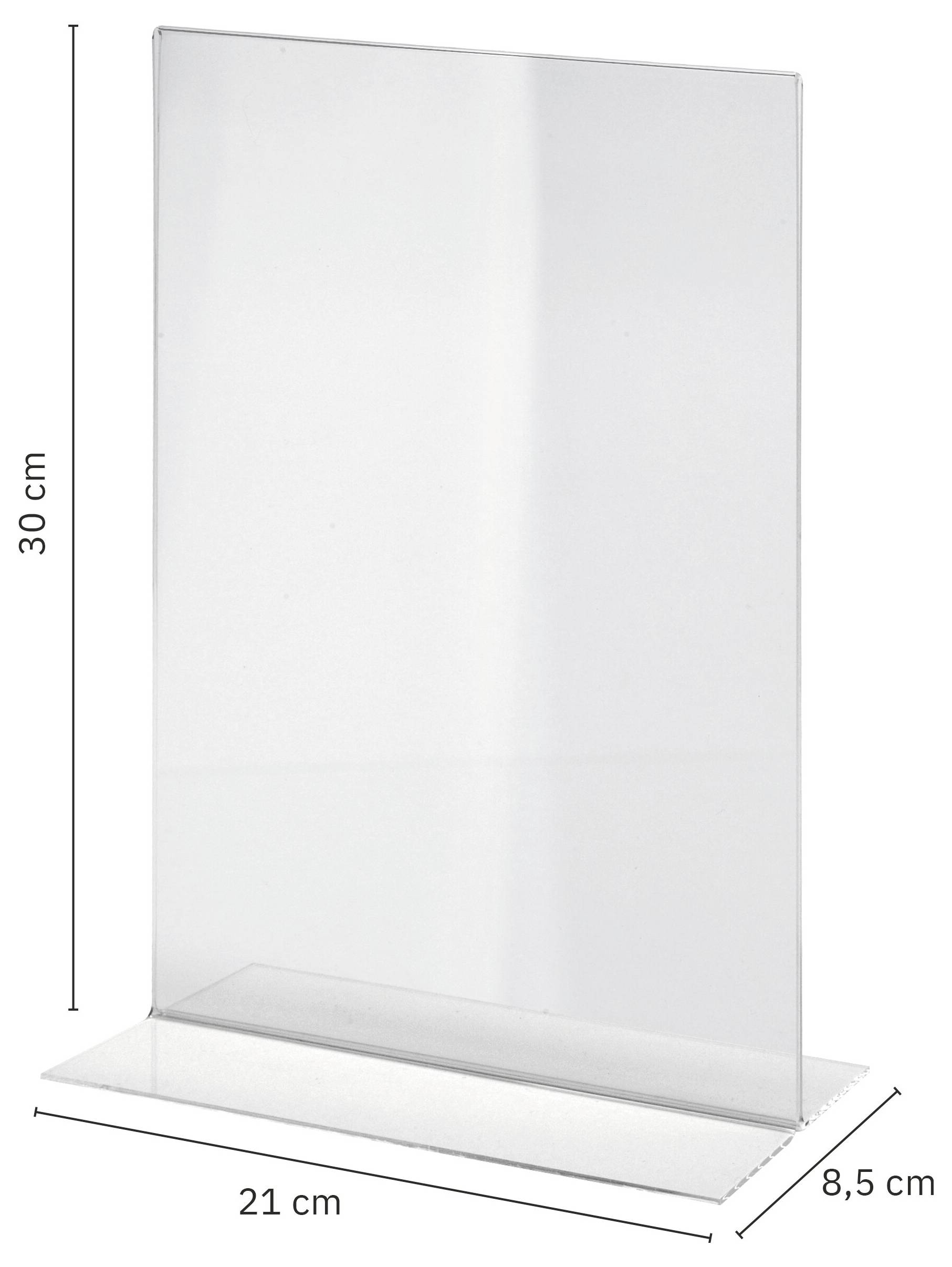Transparenter Acryl-Schilderhalter-Ständer, 30 cm Höhe mit 21 cm Basisbreite und 8,5 cm Tiefe.