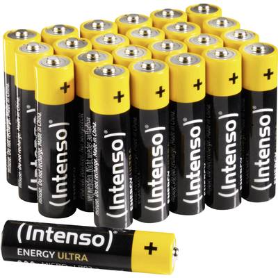 Ein Stapel gelb-schwarzer AA-Batterien der Marke 'Intenso', teilweise aufgereiht, mit einer Batterie im Vordergrund liegend.