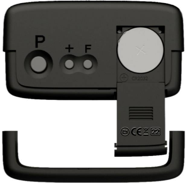 Rückseite eines elektronischen Geräts mit offenem Batteriefach, Knöpfen und Schalter für Einstellungen.