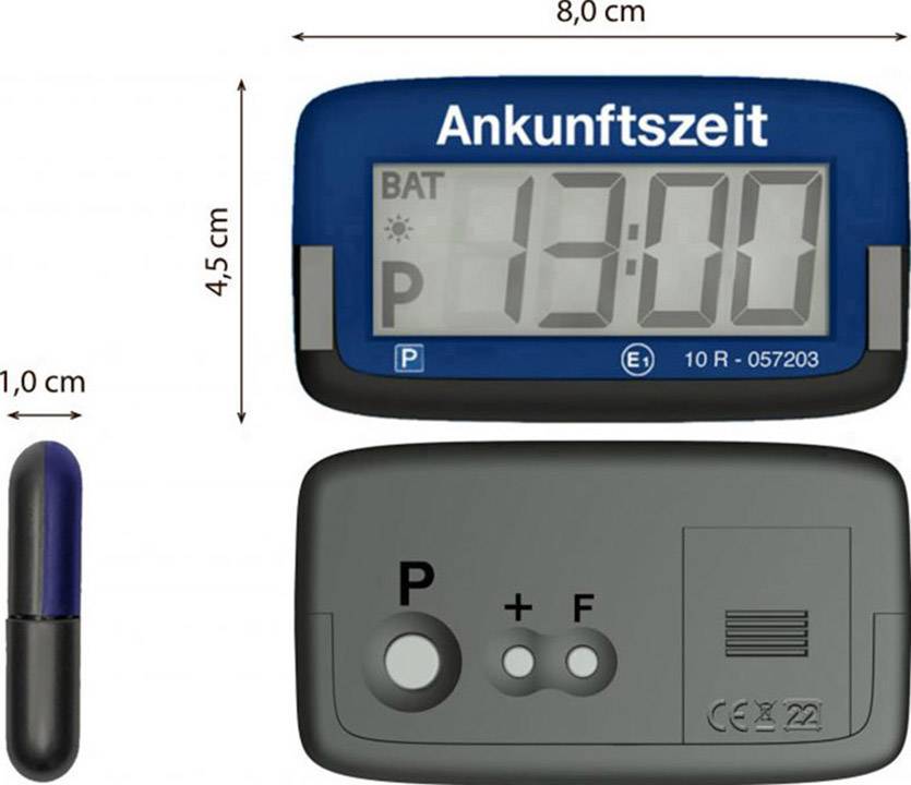 Parkuhr mit digitaler Anzeige 'Ankunftszeit', zeigt 13:00 Uhr. Enthält ein Batterie-Symbol und Knöpfe für Einstellungen. Maße: 8 cm x 4,5 cm.