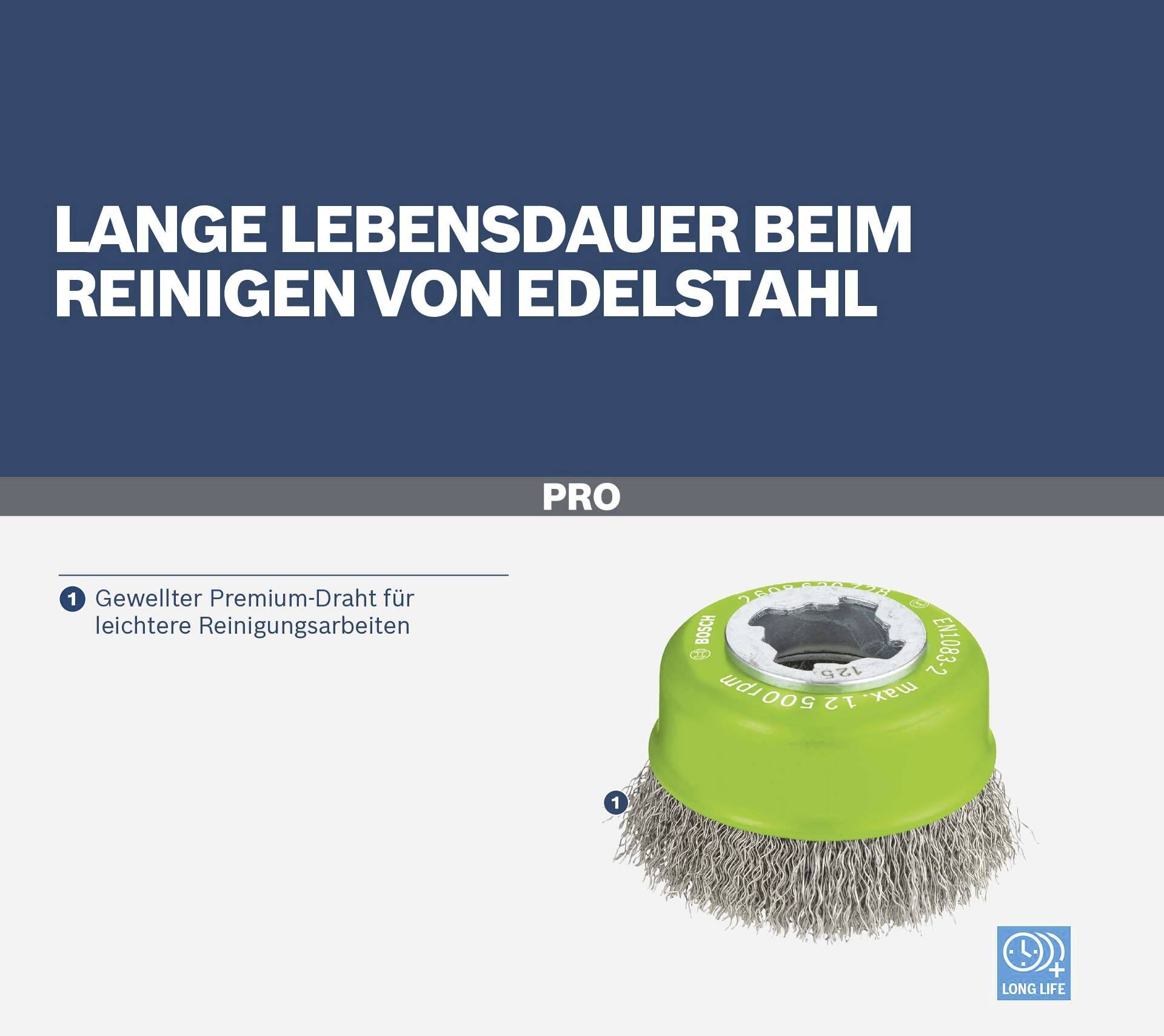 'Lange Lebensdauer beim Reinigen von Edelstahl. Gewellter Premium-Draht für leichtere Reinigungsarbeiten. PRO Long Life-Produkt.'