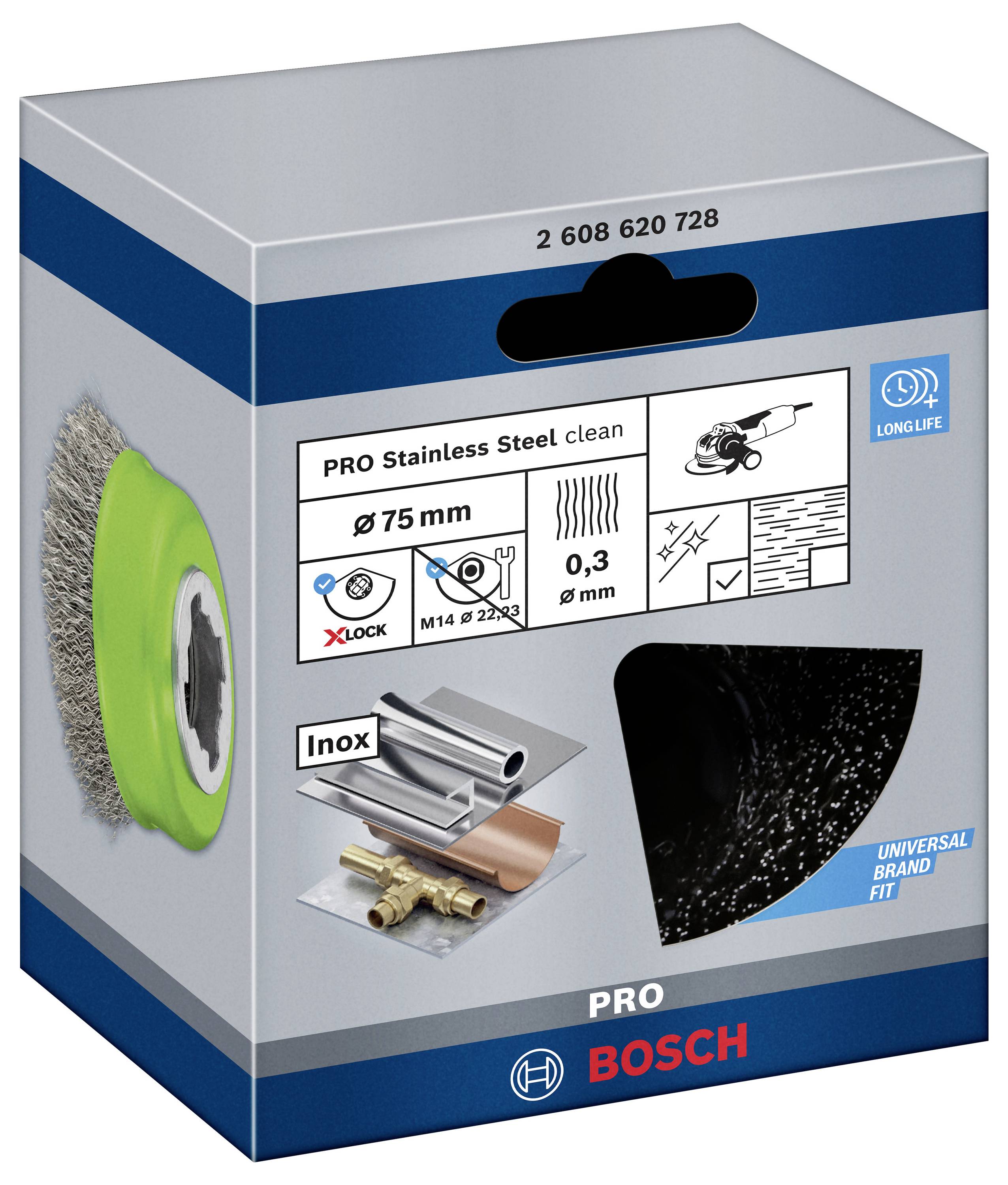 Verpackung einer Drahtbürste für Metallbearbeitung von Bosch. Details: '75 mm', '0,3 mm', kompatibel mit 'X-LOCK' und 'M14 x 2'.