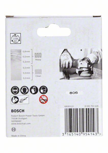 Verpackung eines Bosch-Produkts mit Schleifmaschine, Sicherheitsinformationen und Barcode; Aufschrift 'Made in China'.