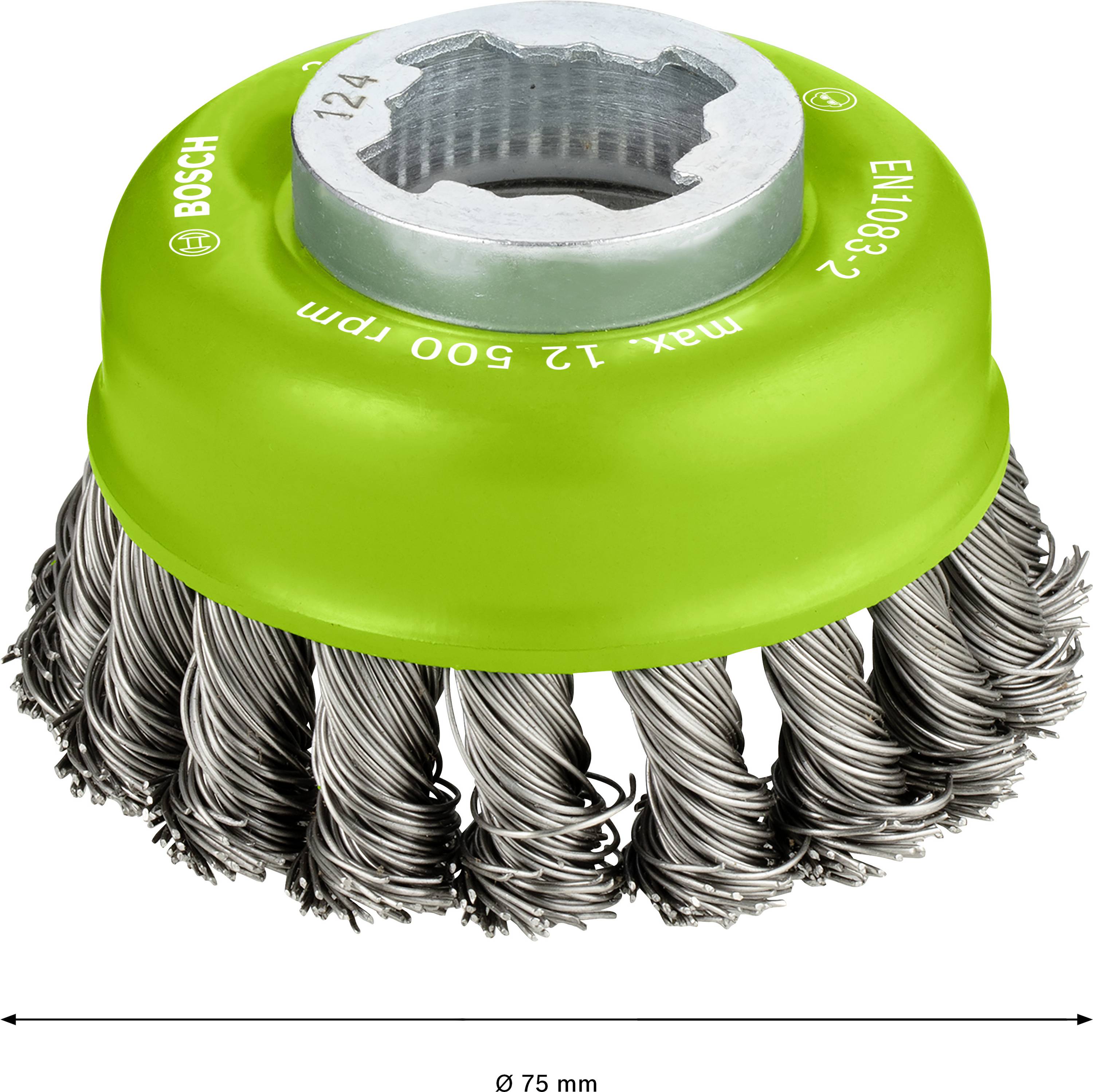 'Rundbürste aus Stahl mit grünem Gehäuse, Durchmesser 75 mm, geeignet für Bohrmaschinen. Markenlogo und Modellnummer oben sichtbar.'