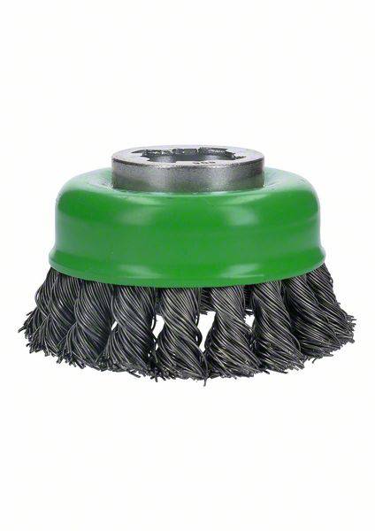 Drahtbürstenaufsatz mit grünem Kunststoffgehäuse, geeignet für Bohrmaschinen, zur Reinigung und Entfernung von Rost und Farbe.