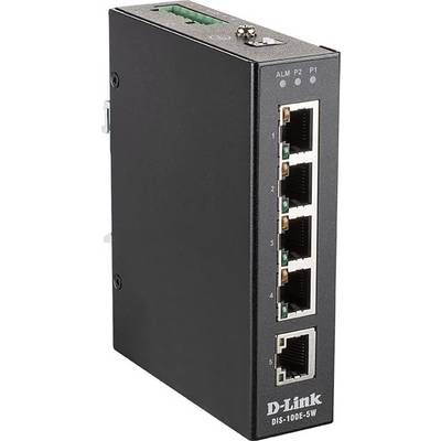 'Industrieller Ethernet-Switch mit fünf Ports und D-Link-Logo auf der Vorderseite. Modell DIS-100E-5W.'