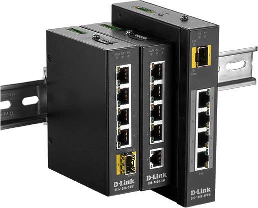 Industrielle Ethernet-Switches der Marke D-Link, montiert auf einer DIN-Schiene, zeigen mehrere Netzwerkports für Datenverbindungen.