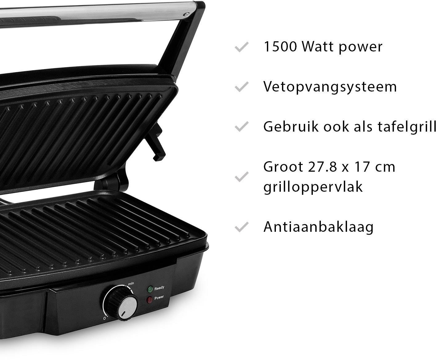 Panini-Grill mit antihaftbeschichteter Oberfläche. Enthält ein Bedienfeld mit Betriebsanzeigeleuchten und bietet 1500 Watt Leistung.