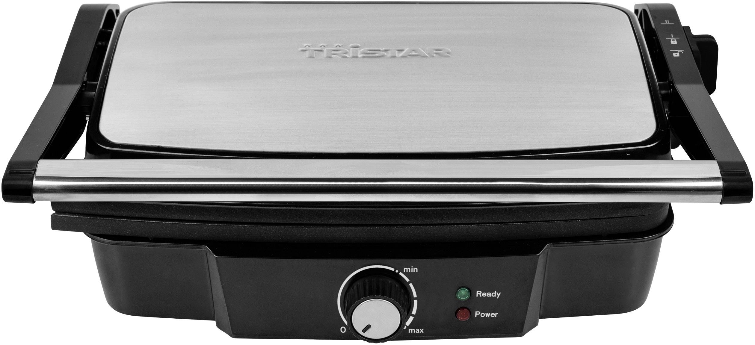 Elektrischer Tischgrill mit Metallgehäuse, schwarz. Kontrollleuchten zeigen Betriebsbereitschaft und Temperatur an. Regulierbarer Temperaturknopf.