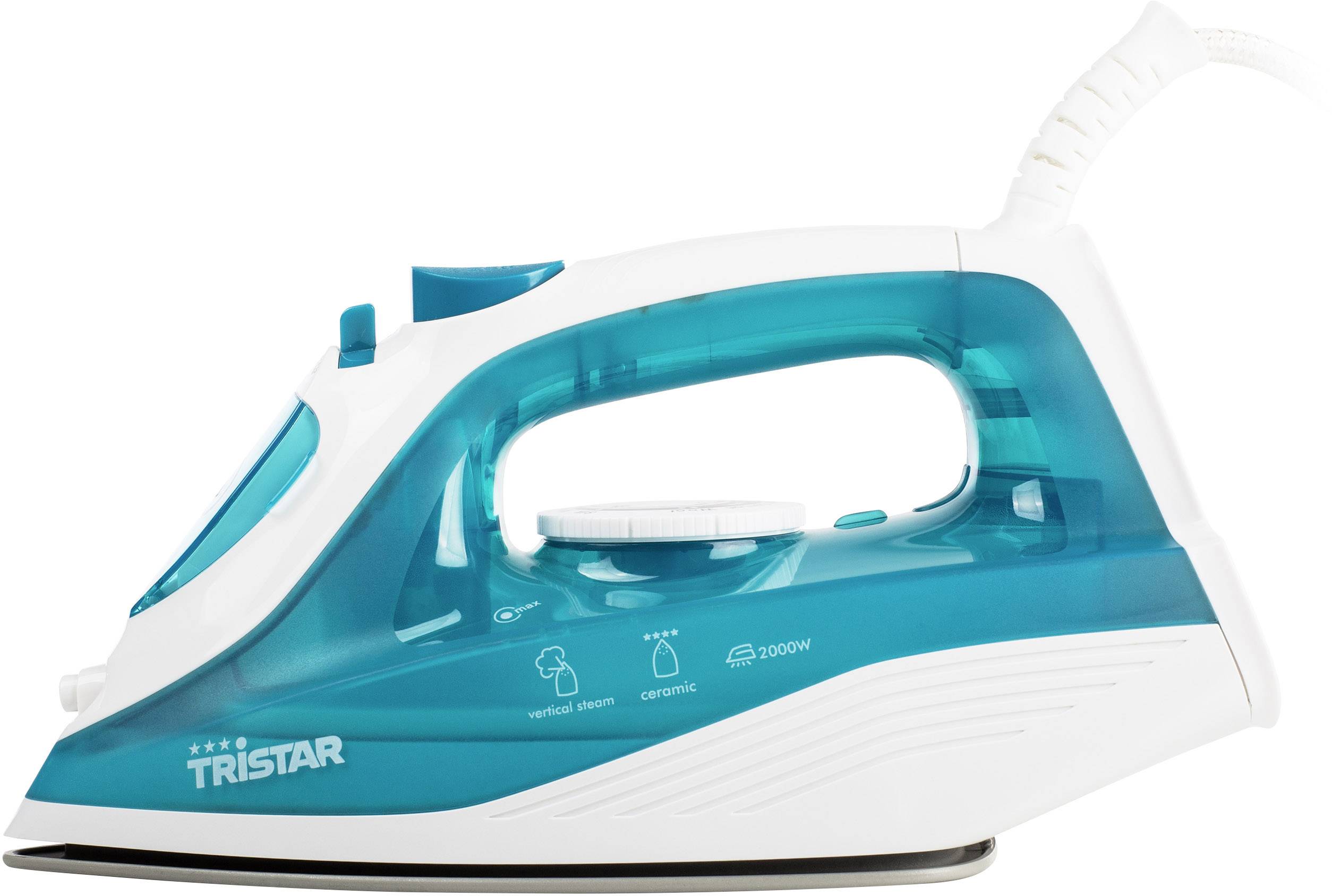 Ein blau-weißes Dampfbügeleisen der Marke 'Tristar' mit einem transparenten Wassertank.