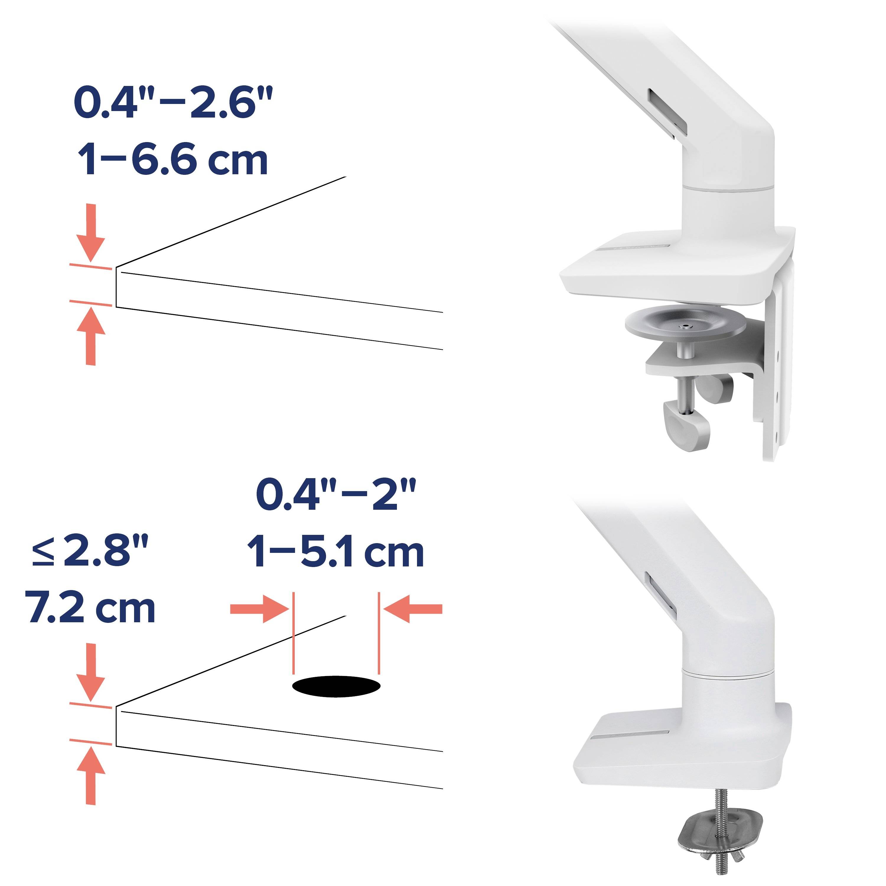'Oberer Abschnitt zeigt Klemmbereich von 0,4" bis 2,6" (1 bis 6,6 cm), unterer Abschnitt zeigt Schraubtiefen von ≤2,8" (7,2 cm) und 0,4" bis 2" (1 bis 5,1 cm).'
