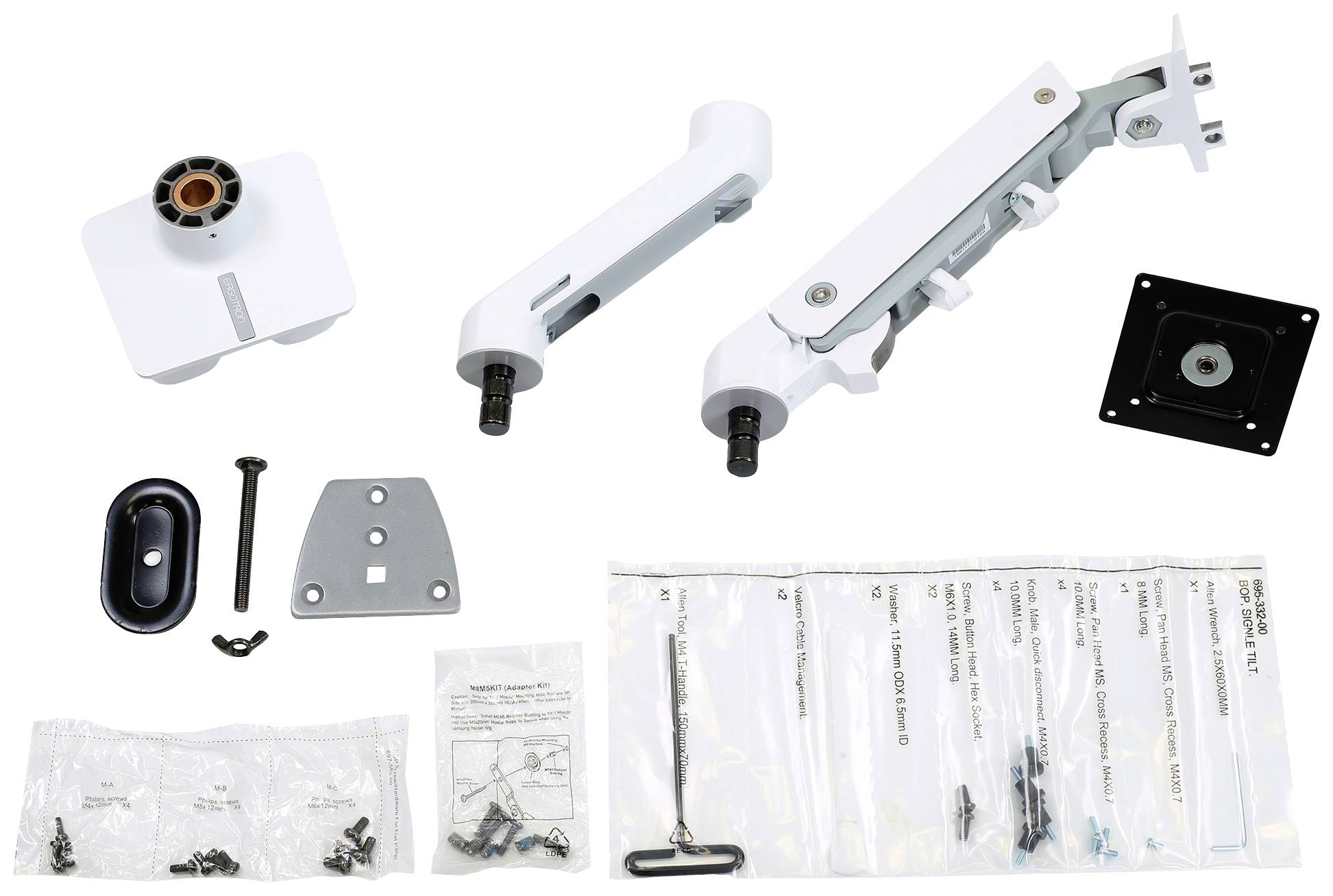 Montagezubehör für einen TV-Wandhalterungsarm, einschließlich Schrauben, Armhalterungen und Montageschritte in einzelnen Plastikbeuteln sortiert.
