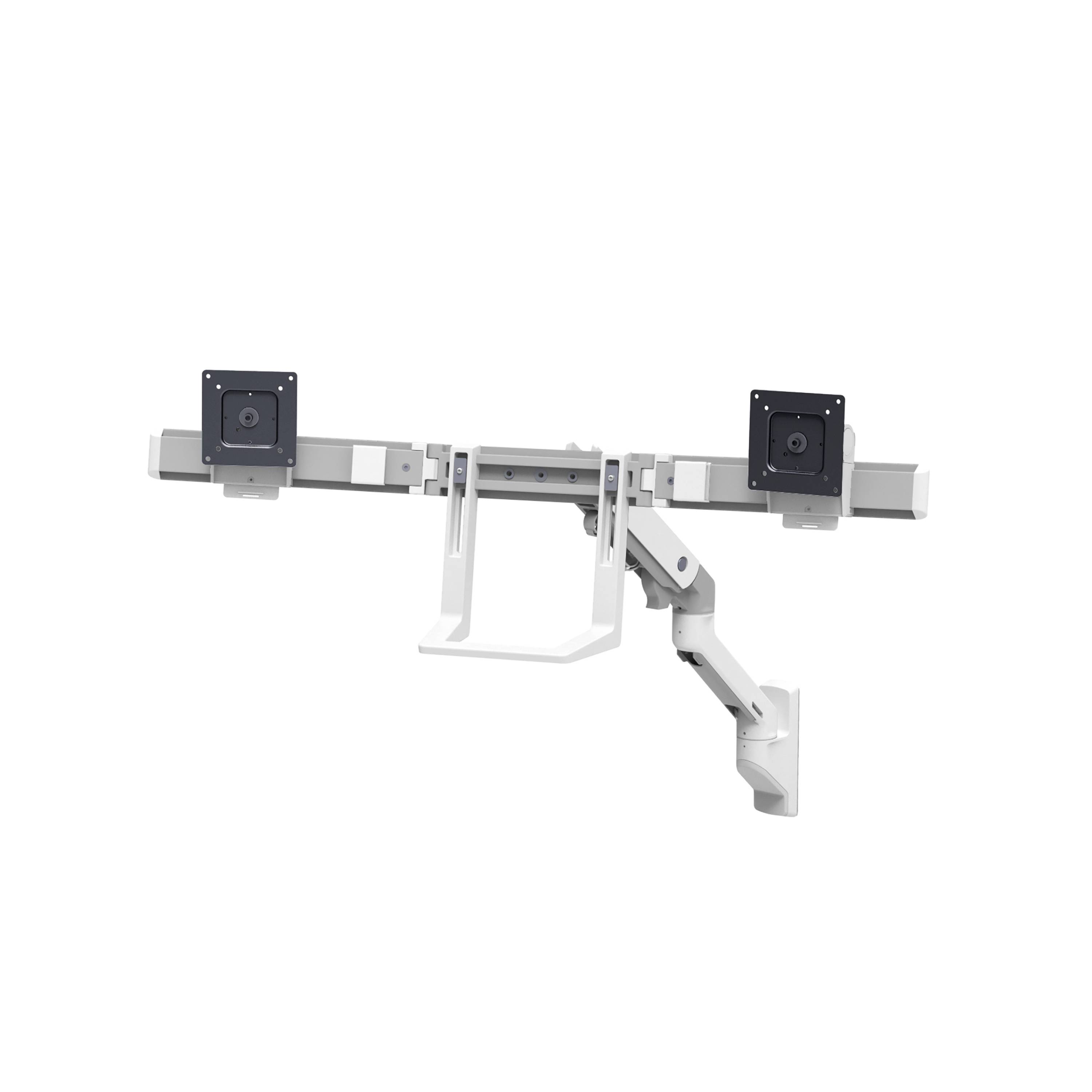 Monitor-Halterungsarm mit zwei schwenkbaren Armen und drehbaren Montagen, geeignet für zwei Monitore, an Wand befestigt.