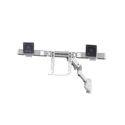 Monitor-Halterungsarm mit zwei schwenkbaren Armen und drehbaren Montagen, geeignet für zwei Monitore, an Wand befestigt.