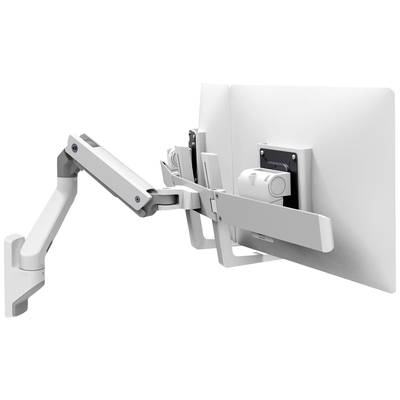 Ein dualer Monitorarm in Weiß befestigt zwei Bildschirme nebeneinander. Der Arm ist an einer Tischkante montiert und ermöglicht flexible Positionierung.