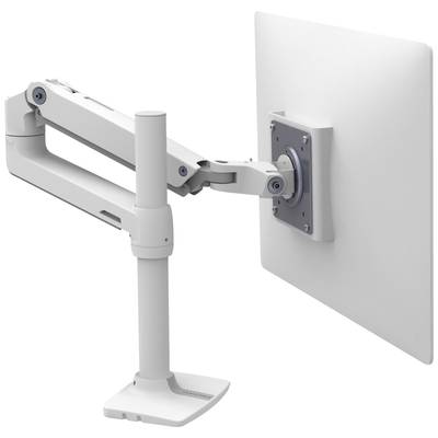 Ein weißer Monitorarm mit Gelenken, der einen Bildschirm hält, ermöglicht flexible Positionierung auf einem Schreibtisch.