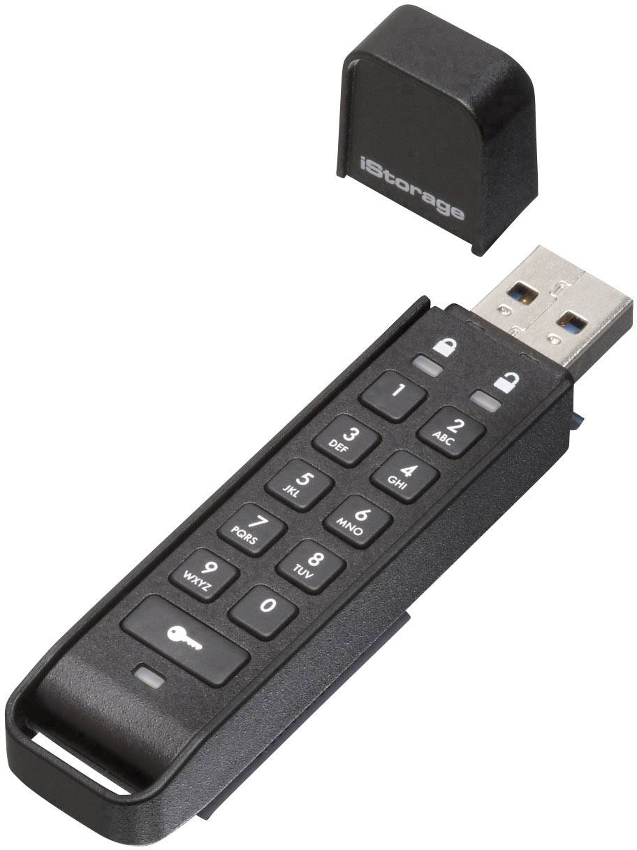 USB-Stick mit Zahlenfeld zur Eingabe eines PIN-Codes zur Sicherung von Daten. Oberes Ende geöffnet, um den USB-Anschluss freizulegen.
