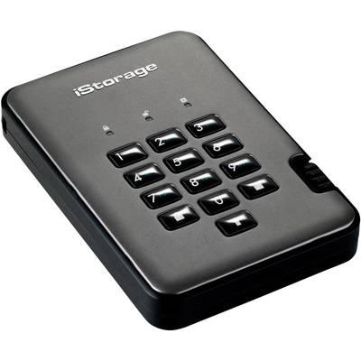 Externe Festplatte mit integriertem Tastenfeld zur Eingabe eines Zahlencodes für den Zugangsschutz. Markierung 'iStorage' oben.