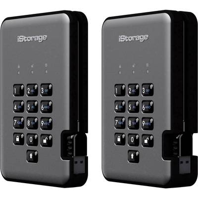 Zwei tragbare iStorage-Festplatten mit Zahlenschloss, schwarzes Gehäuse, zur sicheren Datenspeicherung.