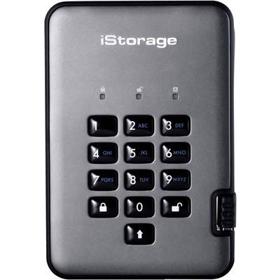 Externe Festplatte mit Zahlenschloss, Tasten 0-9 und Buchstaben, Marke 'iStorage', Sicherheits- und Datenschutzsymbolik oben.