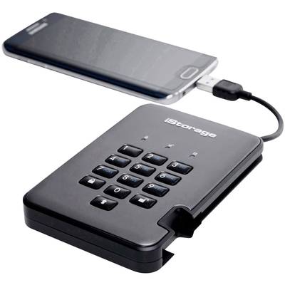Externe Festplatte mit Tastenfeld und USB-Verbindung zu einem Smartphone. Sicherheitsmerkmal durch numerische Eingabe.