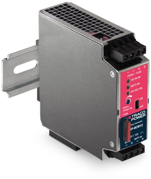 Gleichstrom-USV-Modul, montiert auf DIN-Schiene. LED-Anzeigen für Batterie- und Ausgangsstatus. Markiert mit 'TRACO POWER'.