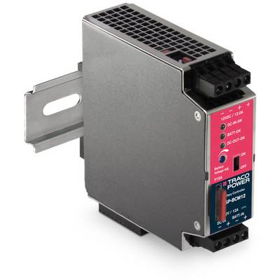 Gleichstrom-USV-Modul, montiert auf DIN-Schiene. LED-Anzeigen für Batterie- und Ausgangsstatus. Markiert mit 'TRACO POWER'.