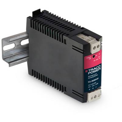 Schwarz-rotes Traco Power Modul auf Metallschiene montiert, für industrielle Stromversorgung, mit Ausgangsspannung und Kompaktdesign.
