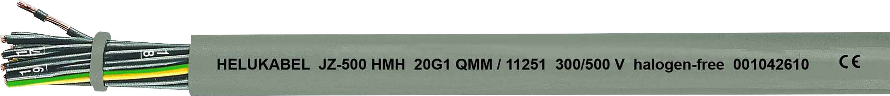 Graues Kabel mit Aufschrift 'HELKABEL JZ-500 HMH 2GCI 0MM² 112/3 300/500V halogen-free 001043610'. Kabelenden sichtbar.