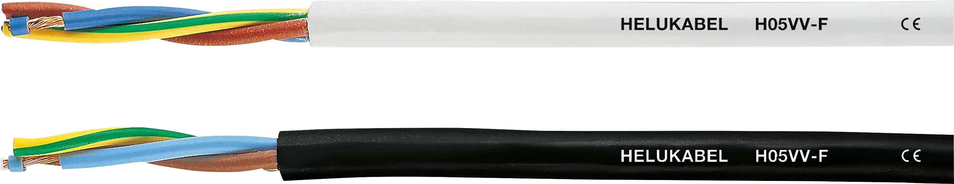 Zwei Elektrokabel von 'HELUKABEL', eines weiß, das andere schwarz, beide mit der Bezeichnung 'H05VV-F'.