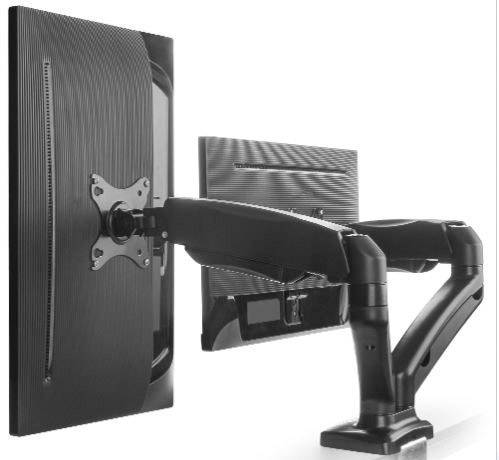 Zwei Computermonitore, an schwarzen, flexiblen Armen befestigt, ermöglichen eine flexible Ausrichtung und Neigung.