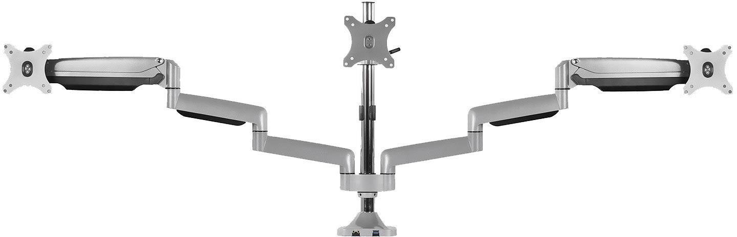 Duale Monitorhalterung mit verstellbaren Armen, montiert auf einem stabilen Sockel, geeignet für zwei Bildschirme.