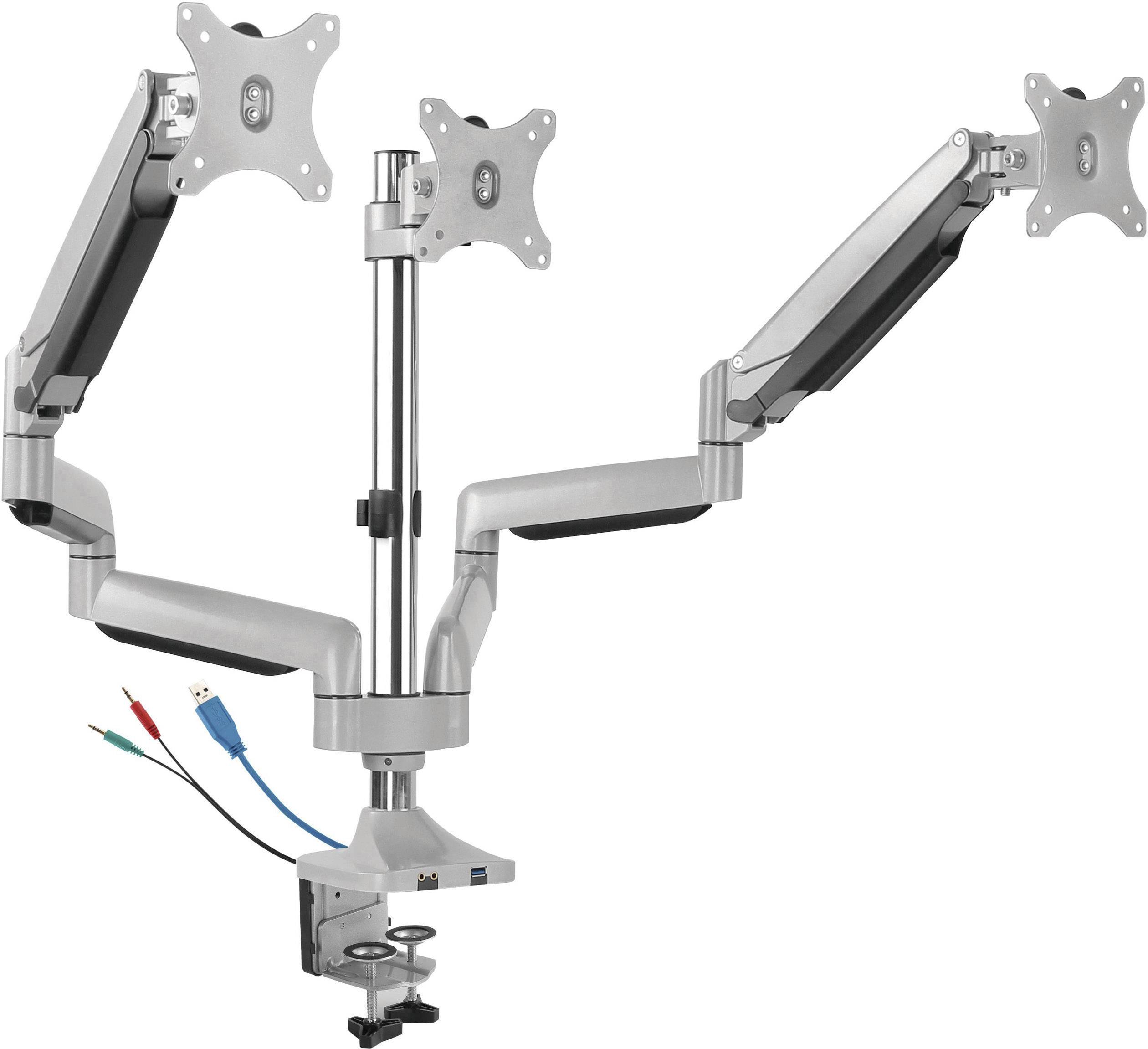 Ein verstellbarer Monitorarm mit zwei Halterungen. Zwei USB-Anschlüsse und Kabel sind an der Basis integriert. Ideal für flexible Bildschirmpositionierung.