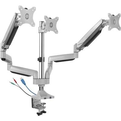 Ein verstellbarer Monitorarm mit zwei Halterungen. Zwei USB-Anschlüsse und Kabel sind an der Basis integriert. Ideal für flexible Bildschirmpositionierung.