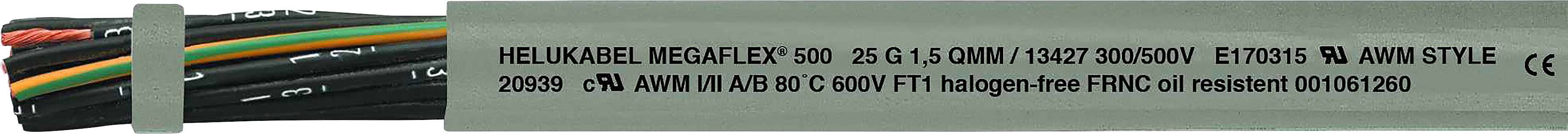 'Abbildung eines Kabels mit Aufdruck: HELUKABEL MEGAFLEX 500, spezifische technische Spezifikationen und Normen.'