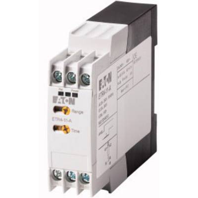 Ein Zeitrelais der Marke Eaton mit Modellnummer ETR4-11-A. Es verfügt über ein weißes Gehäuse mit schwarzen und orangen Details.