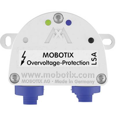 Ein weißes Überstromschutzgerät mit blauem Zubehör, gekennzeichnet mit 'MOBOTIX Overvoltage-Protection LSA', hergestellt in Deutschland.
