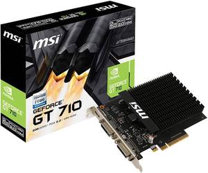 MSI GeForce GT 710 mit 2 GB RAM und neben interner PCIe-Schnittstelle externe Slots für HDMI, DVI und VGA.