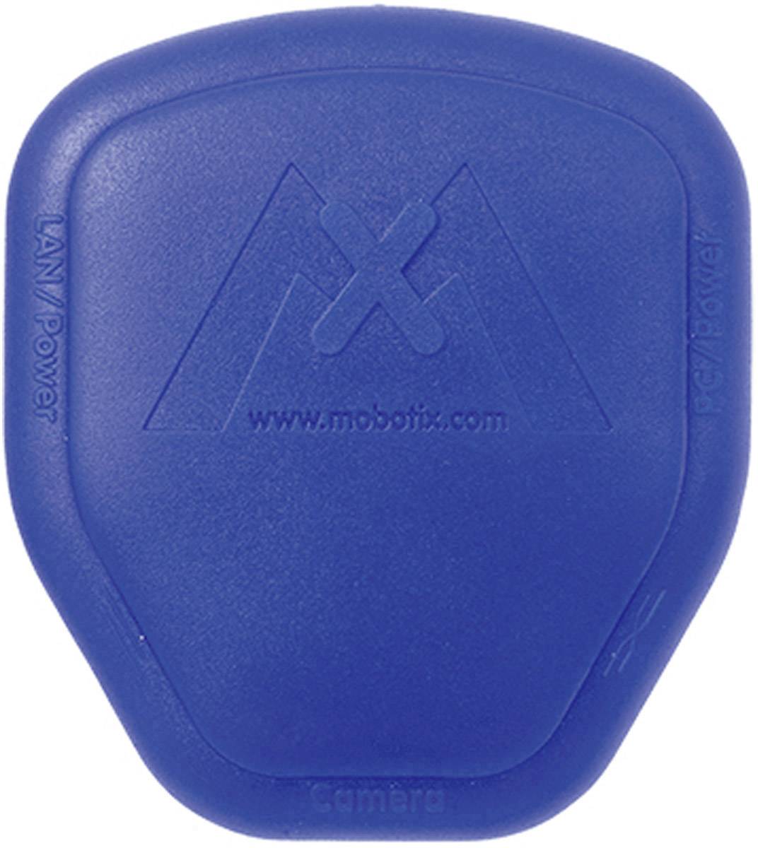 Ein blaues, schildförmiges Kameramodul von Mobotix mit eingraviertem Logo und beschrifteten Anschlüssen für 'LAN/Power' und 'kamera'.