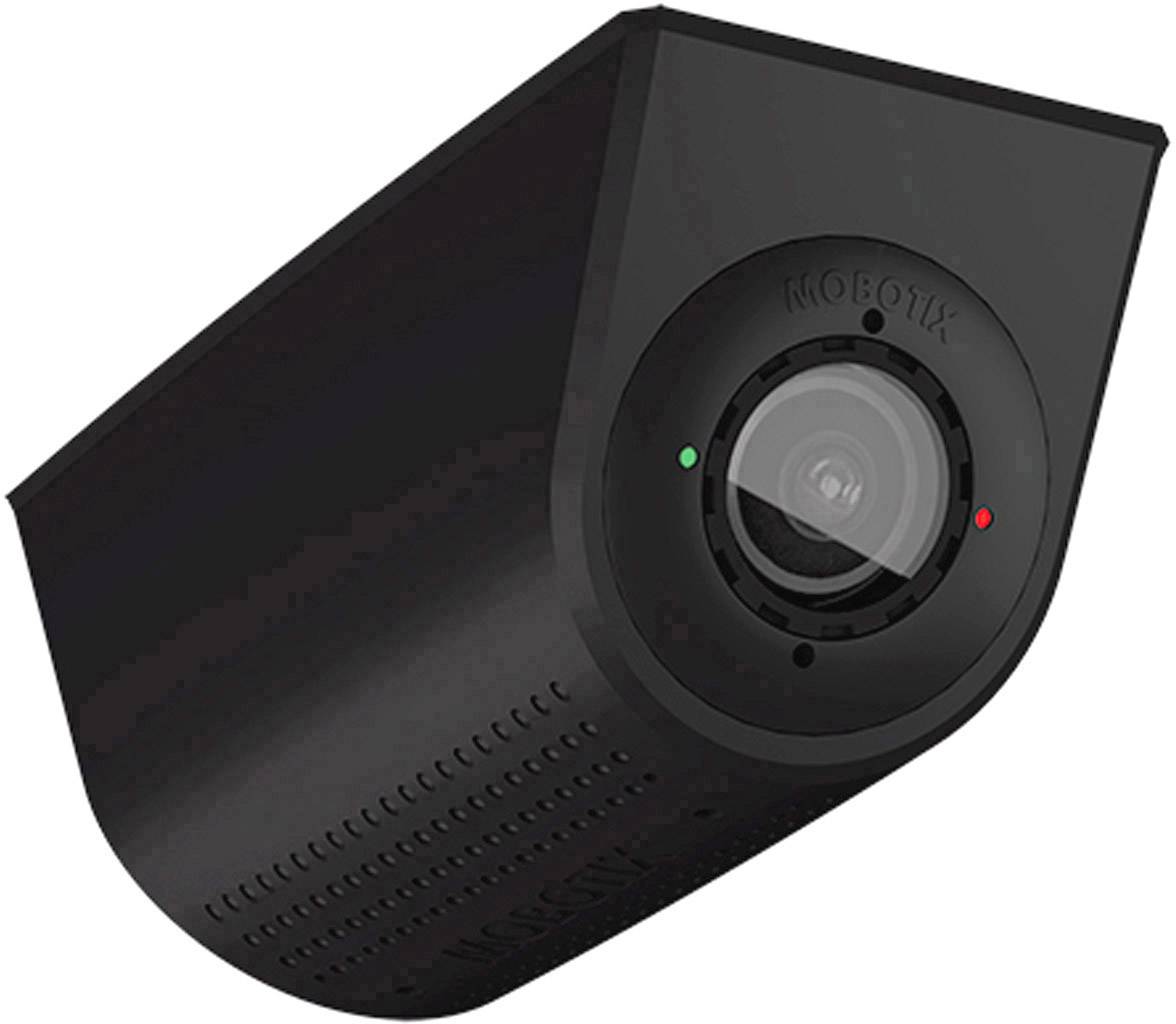 Eine schwarze Überwachungskamera mit der Aufschrift 'MOBOTIX', ausgestattet mit einem Objektiv, grünem und rotem Licht, zur Sicherheitsüberwachung.
